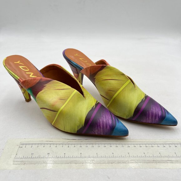 YDN Colorful-feather Cone Heel Pointed Toe Mules Slip on V Cut Slide Sandals - Picture 4 of 8
